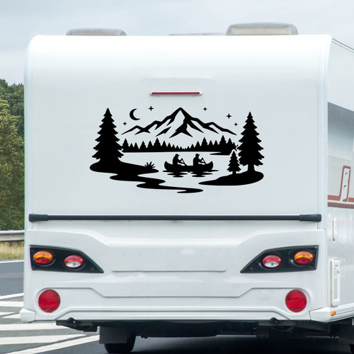 mountain lake canoe vinyl decal featuring paddlers on a scenic wilderness lake surrounded by pine trees and mountain peaks for rvs campers travel trailers trucks and adventure vehicles