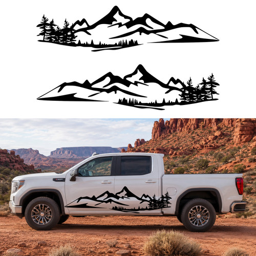 mirrored mountain scene vinyl decal pair featuring rugged mountain peaks and evergreen trees designed for trucks, SUVs, campers, RVs, overland rigs, and adventure vehicles