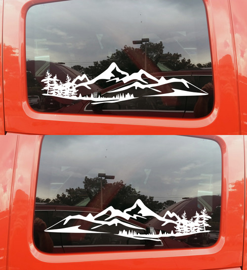 mirrored mountain scene vinyl decal pair featuring rugged mountain peaks and evergreen trees designed for trucks, SUVs, campers, RVs, overland rigs, and adventure vehicles