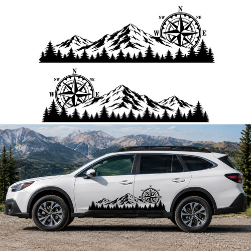 mirrored mountain compass rose vinyl decal pair featuring rugged mountain peaks and evergreen forests for trucks RVs campers travel trailers SUVs and overland vehicles