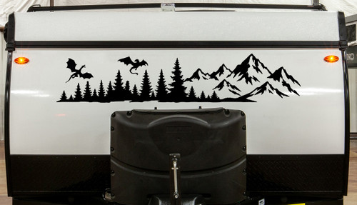 Dragon Mountain Forest vinyl decal featuring battling dragons flying above rugged mountain peaks and evergreen trees for RVs, campers, trucks, SUVs, trailers, and overland vehicles.