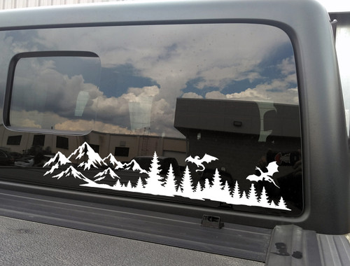 Dragon Mountain Forest vinyl decal featuring battling dragons flying above rugged mountain peaks and evergreen trees for RVs, campers, trucks, SUVs, trailers, and overland vehicles.