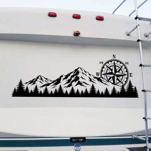 Mountain Compass Rose Forest vinyl decal featuring rugged mountain peaks, evergreen trees, and a compass rose for trucks, RVs, campers, travel trailers, SUVs, and overland vehicles.