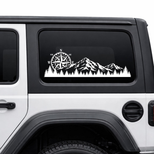 Mountain Compass Rose Forest vinyl decal featuring rugged mountain peaks, evergreen trees, and a compass rose for trucks, RVs, campers, travel trailers, SUVs, and overland vehicles.
