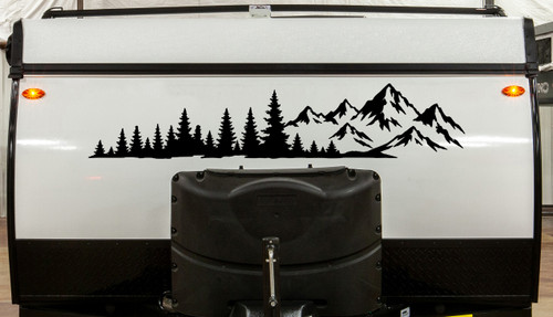 Mountain Forest vinyl decal featuring a panoramic mountain range and evergreen trees for RVs, campers, trucks, SUVs, travel trailers, vans, and overland vehicles.
