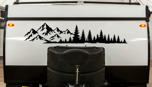 Mountain Forest vinyl decal featuring a panoramic mountain range and evergreen trees for RVs, campers, trucks, SUVs, travel trailers, vans, and overland vehicles.