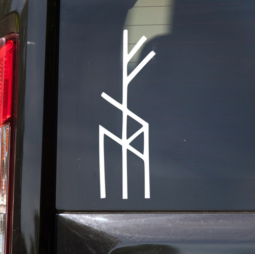 Fenrir Wolf Bindrune vinyl decal featuring a Norse Viking rune symbol inspired by the legendary wolf of Norse mythology for vehicles, windows, laptops, and outdoor gear.