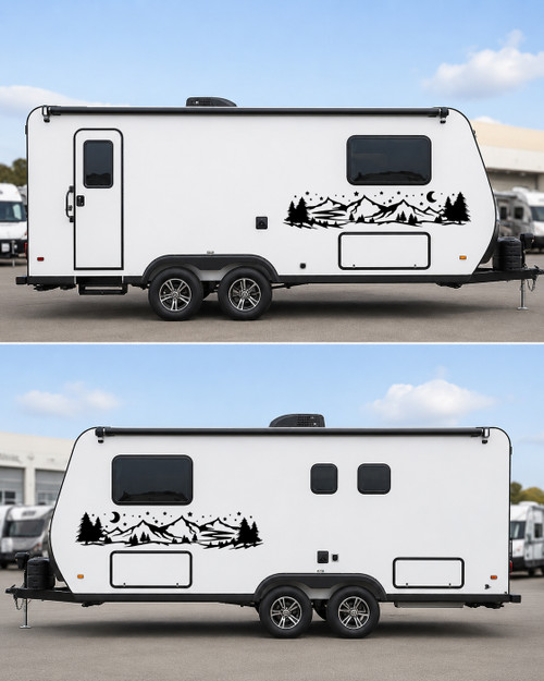 Mirrored pair mountain moon stars vinyl decals featuring rugged mountains, evergreen trees, a crescent moon, and stars for trucks, RVs, campers, travel trailers, and overland vehicles.