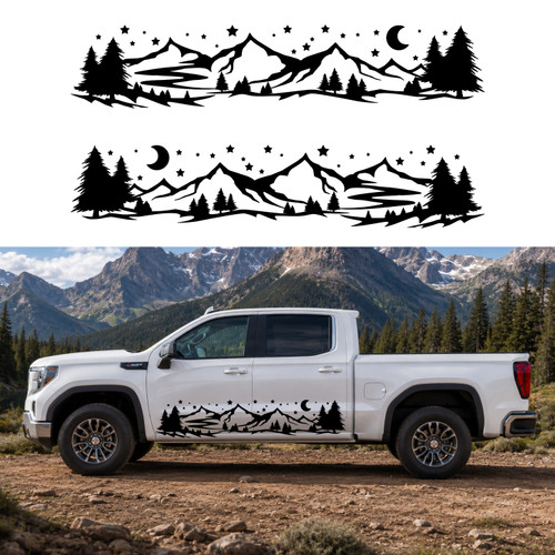 Mirrored pair mountain moon stars vinyl decals featuring rugged mountains, evergreen trees, a crescent moon, and stars for trucks, RVs, campers, travel trailers, and overland vehicles.