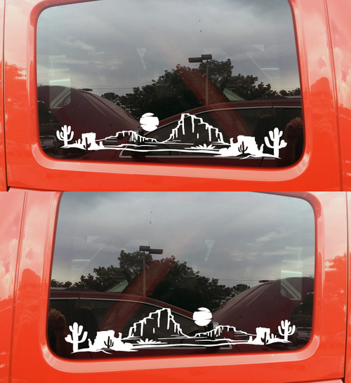 Mirrored pair desert cactus mesa sun vinyl decals featuring Southwestern desert scenery with saguaro cacti and mesas for trucks, RVs, campers, travel trailers, and overland vehicles.