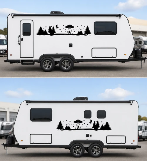 Mirrored pair Bigfoot UFO abduction forest vinyl decals featuring Sasquatch, a flying saucer, crescent moon, stars, and pine trees for trucks, RVs, campers, travel trailers, and overland vehicles.