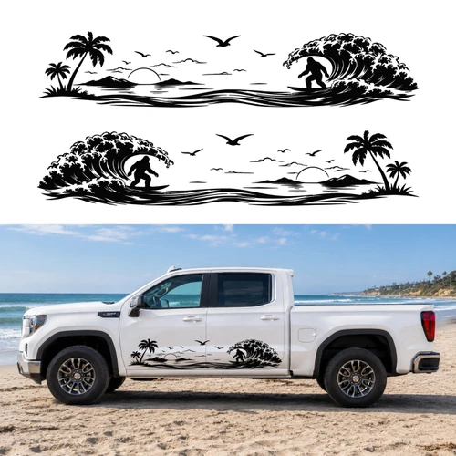 Pair of Bigfoot surfing beach scene vinyl decals with a tropical island, palm trees, ocean wave, seabirds, and setting sun for trucks, RVs, campers, and travel trailers.