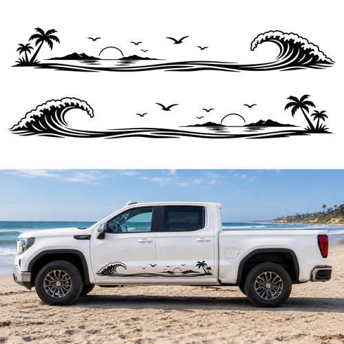 Pair of beach wave vinyl decals featuring a tropical island, palm trees, seabirds, and a setting sun for truck hood sides, RVs, campers, travel trailers, and motorhomes.