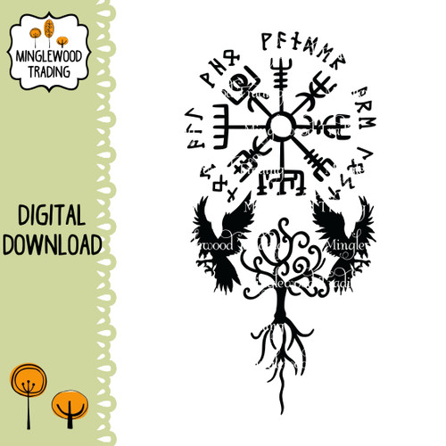 Vegvisir Viking Compass SVG featuring Not All Who Wander Are Lost in Elder Futhark runes with Huginn and Muninn ravens and Yggdrasil Tree of Life.