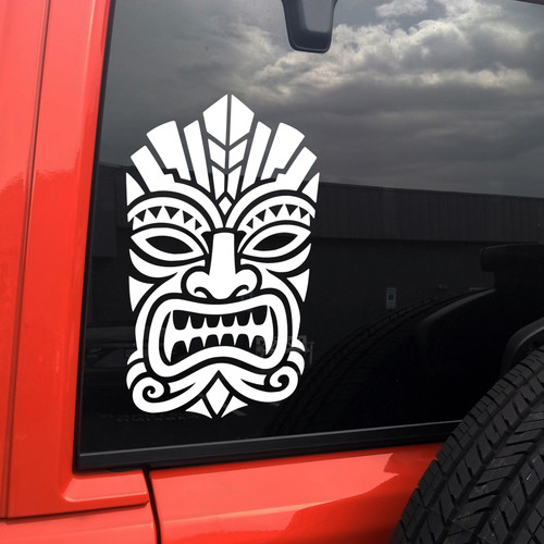 Polynesian Tiki Mask Hawaiian tribal vinyl decal for vehicles, campers, boats, surfboards, and tropical décor.