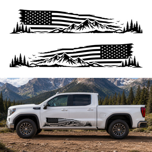Matching pair of patriotic mountain vinyl decals featuring a distressed American flag, rugged mountains, and evergreen trees for trucks, RVs, campers, and travel trailers.