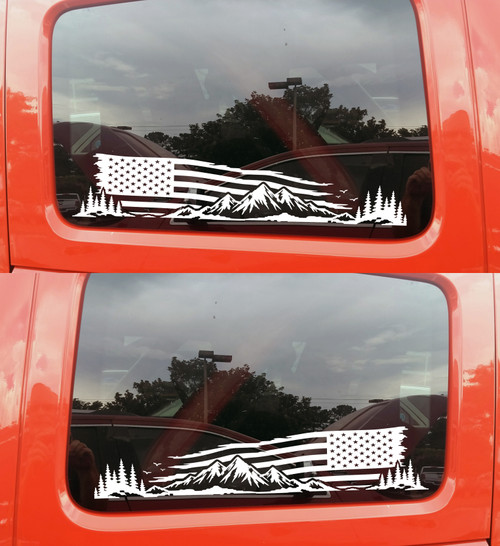 Matching pair of patriotic mountain vinyl decals featuring a distressed American flag, rugged mountains, and evergreen trees for trucks, RVs, campers, and travel trailers.