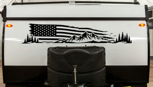 Distressed American flag mountain and pine forest vinyl decal for RV camper travel trailer motorhome or truck