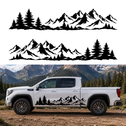 Mountain & Pine Tree Vinyl Decals V2 Mirrored Pair for Trucks RVs Campers