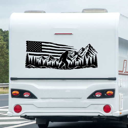 Bigfoot American flag mountain forest vinyl decal for RV camper motorhome and travel trailer