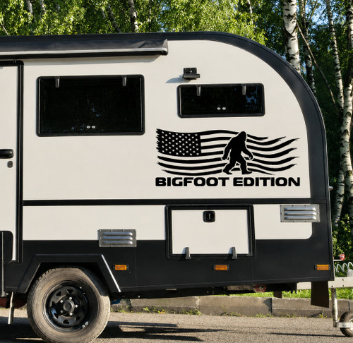 Bigfoot Edition RV camper vinyl decal with Sasquatch and distressed American flag