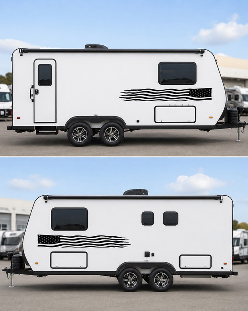Mirrored pair of distressed American flag decals in matte black vinyl for truck RV camper motorhome and trailer sides