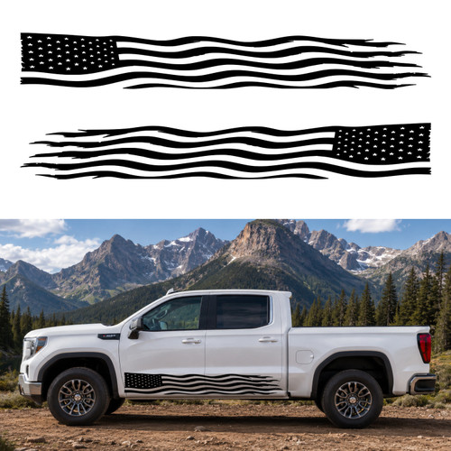 Mirrored pair of distressed American flag decals in matte black vinyl for truck RV camper motorhome and trailer sides