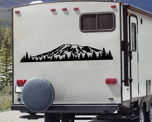 Mount Rainier vinyl decal with mountain and evergreen forest landscape for RV camper truck motorhome and travel trailer