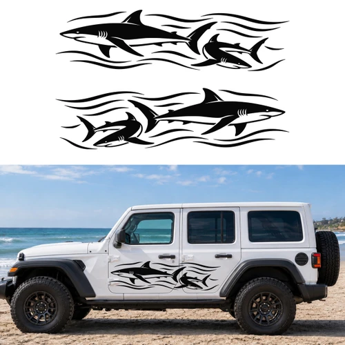 Mirrored pair shark vinyl decals featuring sharks swimming through ocean waves for RV camper motorhome travel trailer and truck sides