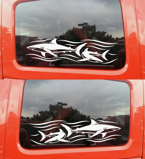 Mirrored pair shark vinyl decals featuring sharks swimming through ocean waves for RV camper motorhome travel trailer and truck sides