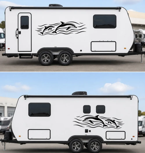 Mirrored pair dolphin vinyl decals featuring dolphins swimming through ocean waves for RV camper motorhome travel trailer and truck sides
