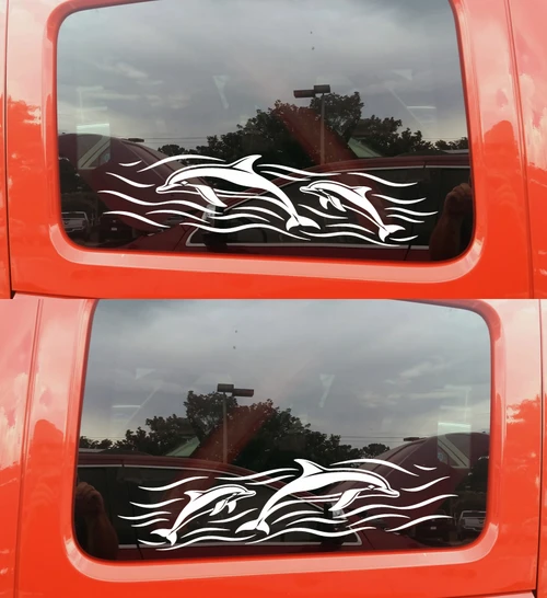 Mirrored pair dolphin vinyl decals featuring dolphins swimming through ocean waves for RV camper motorhome travel trailer and truck sides