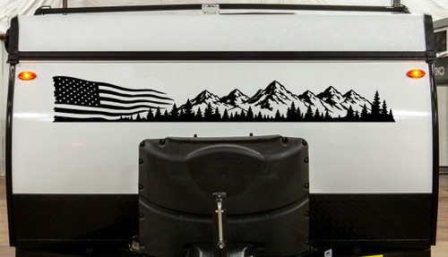 Distressed American flag mountain vinyl decal for pickup truck hood side RV camper motorhome travel trailer and vehicle graphics