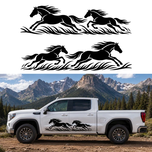 Mirrored pair galloping horses vinyl decals with flowing prairie grass for truck sides SUV RV camper motorhome horse trailer and equestrian vehicle graphics