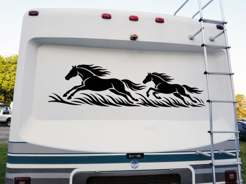 Galloping horses vinyl decal with two running horses and flowing prairie grass for truck RV camper motorhome SUV and horse trailer graphics