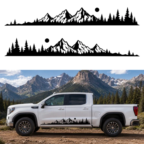 Mirrored mountain forest vinyl decals with rugged peaks evergreen pine trees and sun for truck sides RV camper motorhome and travel trailer graphics