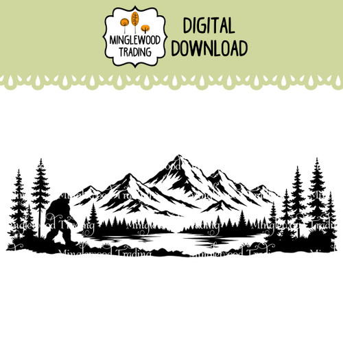 Bigfoot Mountains SVG featuring a Sasquatch silhouette with mountain scenery for camping decals outdoor signs laser projects and wilderness crafts