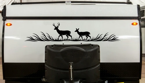 Buck and doe deer vinyl decal with flowing grass for truck sides hood panels RV camper motorhome SUV and travel trailer graphics