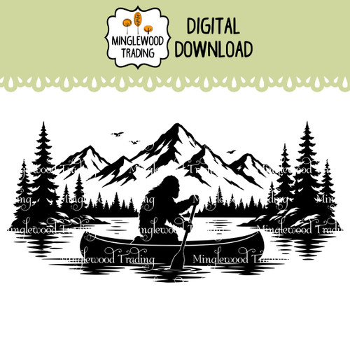 Bigfoot Canoe SVG featuring Sasquatch paddling across a mountain lake with pine forest and wilderness scenery for camping and outdoor craft projects