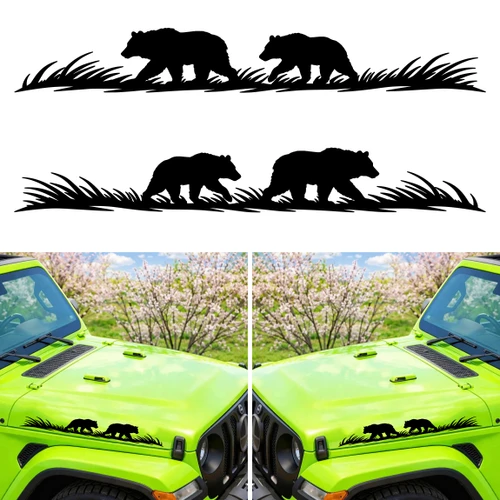 Mirrored bear vinyl decals featuring two bears in flowing grass for truck sides RV camper motorhome SUV and travel trailer graphics