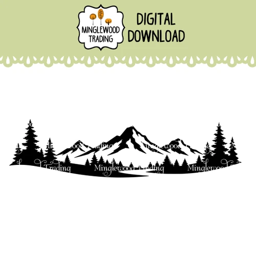Mountain Landscape SVG featuring rugged mountain peaks and pine trees for outdoor decals cabin signs camping decor laser cutting and nature craft projects