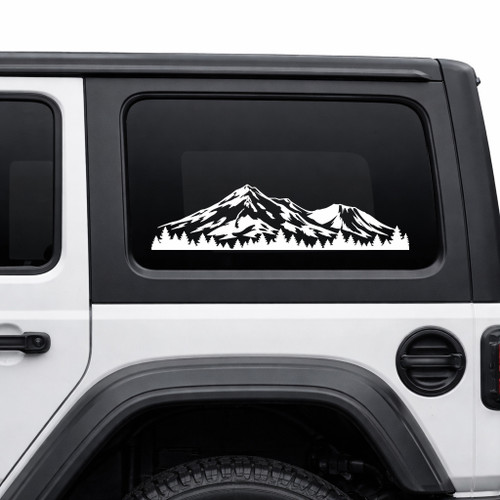 Mount Shasta vinyl decal featuring rugged California mountain scenery and evergreen pine forest displayed on an RV camper exterior