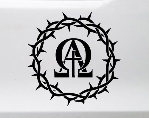 Alpha Omega Crown of Thorns vinyl decal with central Christian cross and biblical faith symbolism
