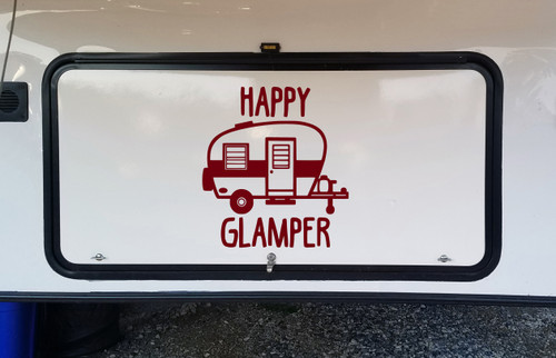 Happy Glamper vinyl decal with travel trailer for RV camper and glamping decor