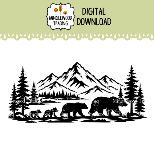 Bear Family SVG featuring bears with mountains and pine trees for wildlife camping forest decals signs and outdoor craft projects