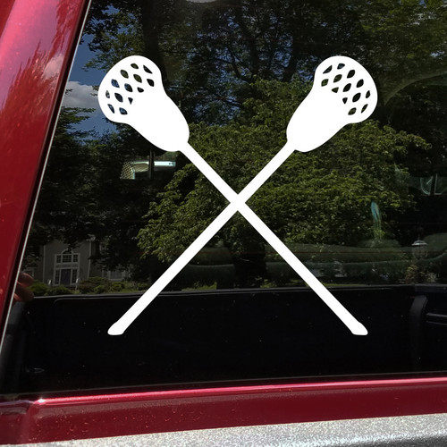 Crossed lacrosse sticks vinyl decal with two sports sticks and netted heads