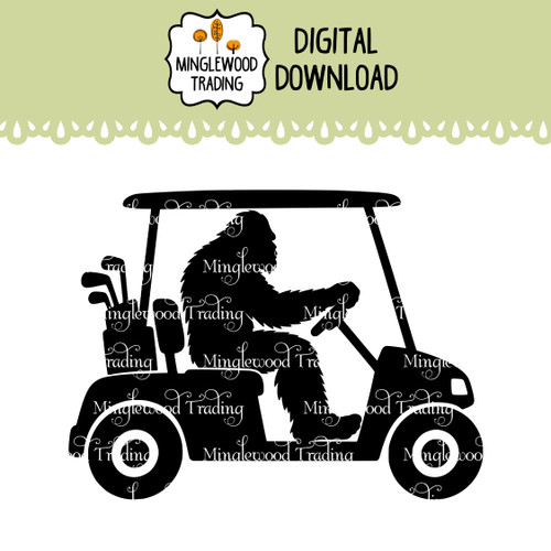 Bigfoot Golf Cart SVG Sasquatch Driving Digital Cut File featuring a Bigfoot silhouette operating a golf cart for vinyl decals, signs, and craft projects