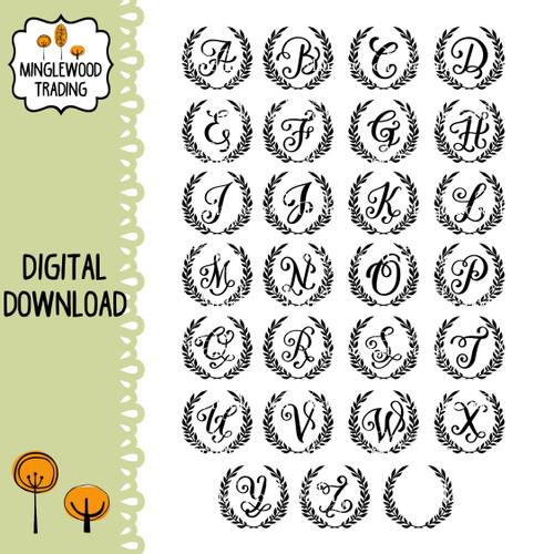 Laurel Wreath Monogram SVG Bundle featuring 26 alphabet letters A through Z inside decorative laurel wreaths plus one separate wreath design, 27 digital SVG files