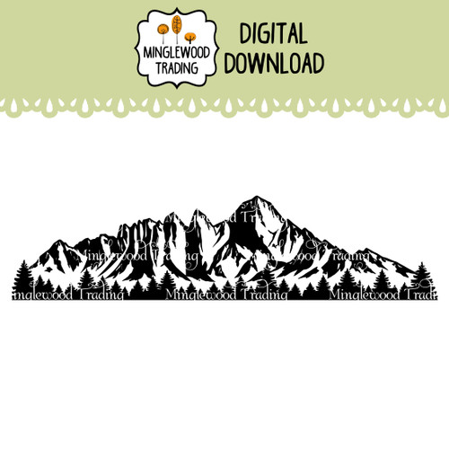 Mount Whitney California mountain landscape SVG featuring rugged Sierra Nevada peaks, detailed rocky ridgelines, textured slopes and evergreen trees in a wide horizontal design for vinyl cutting and laser engraving