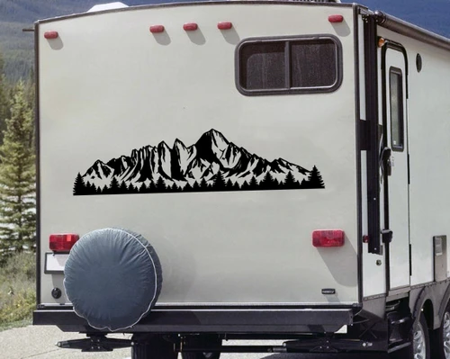 Mount Whitney California Sierra Nevada mountain landscape vinyl decal featuring rugged alpine peaks, rocky ridgelines and evergreen pine forest silhouettes for RV campers and travel trailers